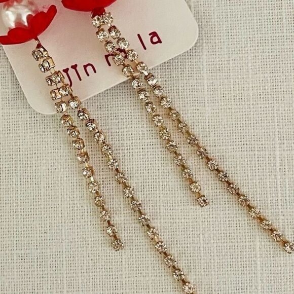 Dangling Gold Earrings Rhinestones Pearls and Red New from Jin Na La - Picture 4 of 7